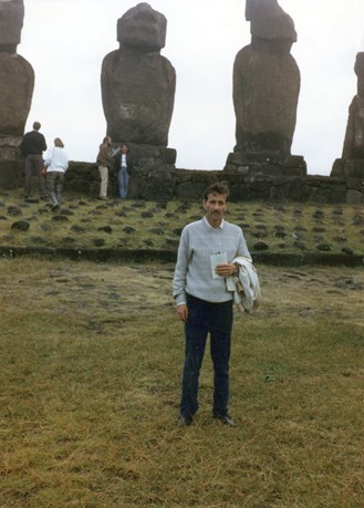 Man in front of the moai on Easter Island