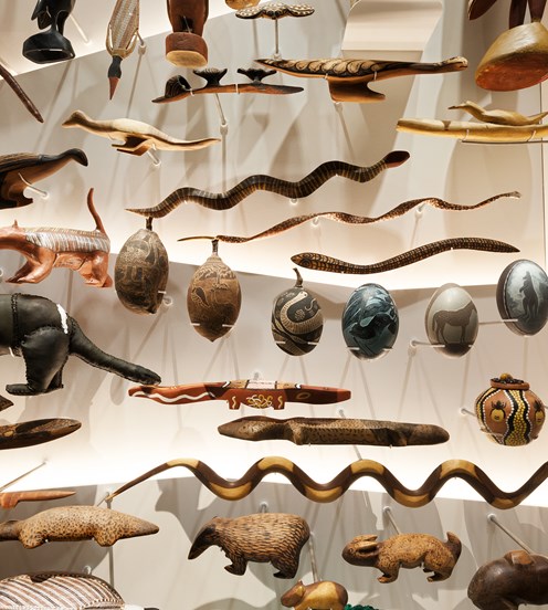 Indigenous artefacts on display in the 'Many Nations' section of First Peoples exhibition at Bunjilaka, Melbourne Museum