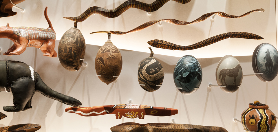 Indigenous artefacts on display in the 'Many Nations' section of First Peoples exhibition at Bunjilaka, Melbourne Museum