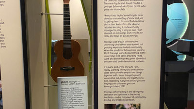 A display in Identity: Yours, Mine, Ours exhibition at the Immigration Museum.