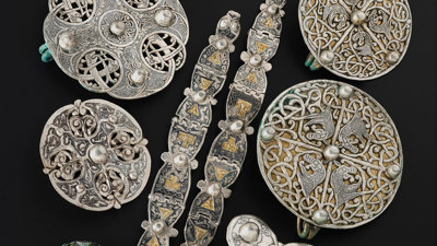 Anglo-Saxon metalwork from inside the lidded vessel from the Galloway Hoard.