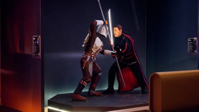 Duel of Mando vs Moff Gideon in LEGO® Star Wars: The Exhibition at Melbourne Museum.