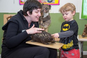 Woman and a boy looking at a stuffed echidna