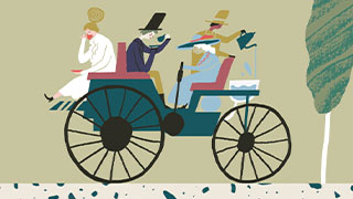 An illustration of four old-timey people wearing top hats and their finest clothes, riding on the seats of Herbert Thomson’s steam car – a vehicle with four wheels and a completely open top. The people are sipping tea from cups and saucers and one person is pouring water in to power the steam car.