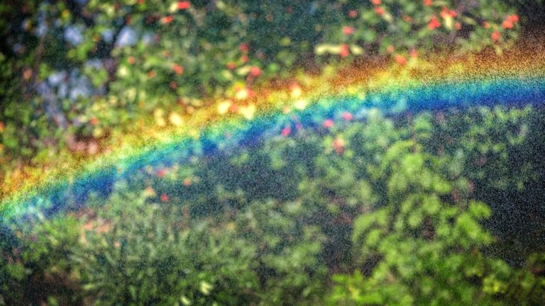 A rainbow of light appears in a spray of water.