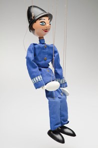 Marionette depicting a policeman wearing a dark blue jacket with six gold buttons down the front and matching blue trousers