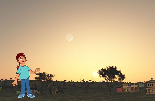 An illustration of a person looking at the New Moon. It is early morning and houses can be seen in the background.