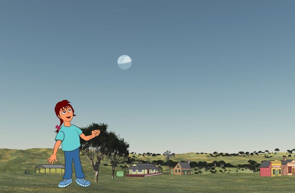 An illustration of a person looking at the First Quarter Moon. Houses can be seen in the background.