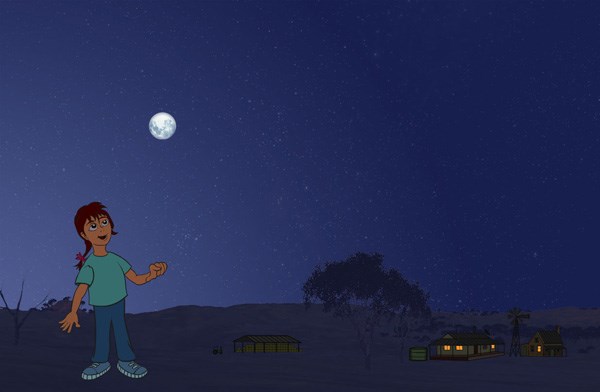 An illustration of a person looking at the Full Moon. Some of the houses in the background have their lights turned on.