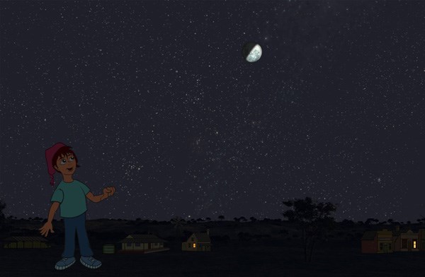 An illustration of a person wearing a night cap looking at the Last Quarter Moon. A few lights are lit in the houses in the background.