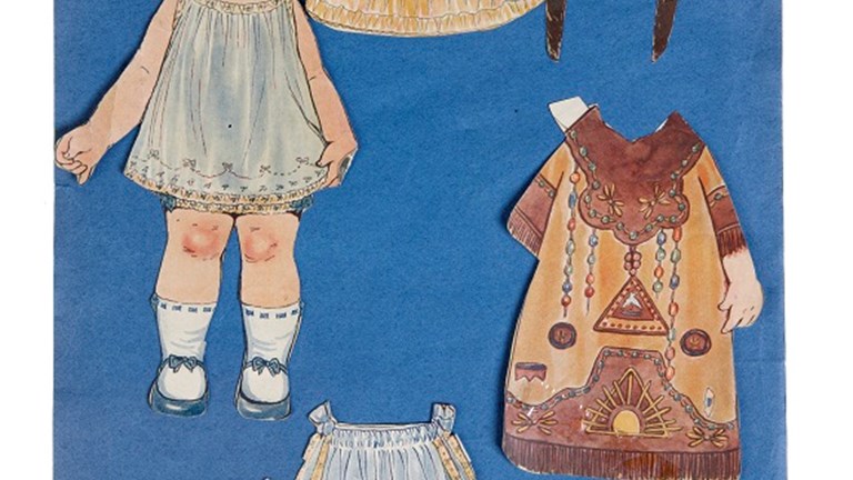 A paper doll with three different outfits