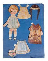 A paper doll with three different outfits