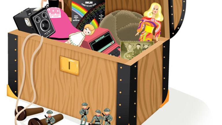 An illustration of a chest full of old toys