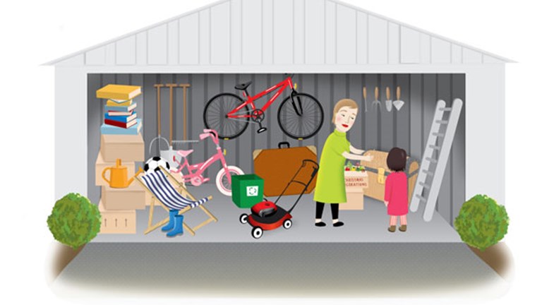 Hannah and her mother in the garage. Books, bikes, a suitcase, a lawn mower, gardening tools are stored in the garage.