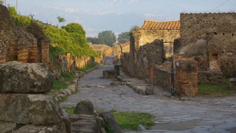 Looking down at a cobblestoned Pompeii street, which is framed by dwellings on the right hand side and a wall with greenery on the left