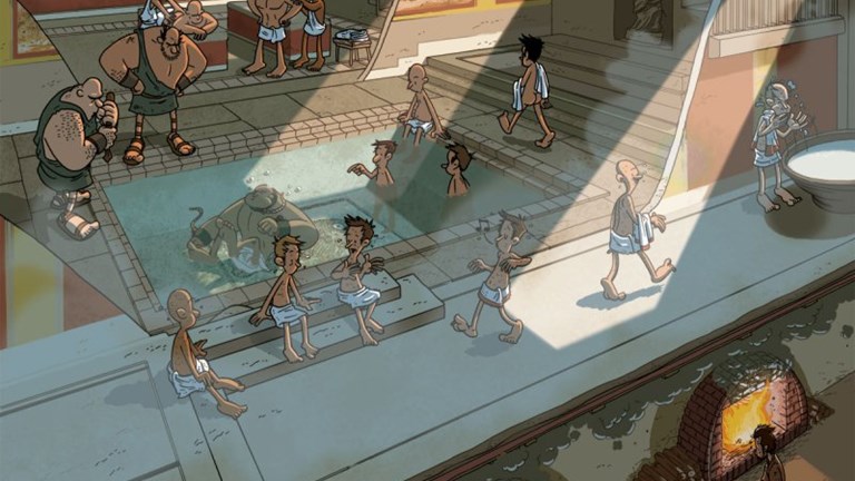An illustration of a bath house scene in ancient Pompeii