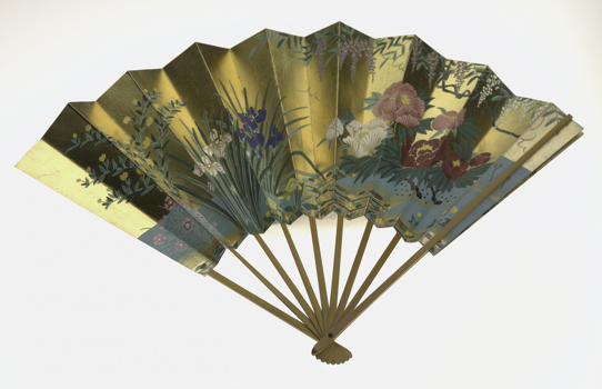 Gold Shimai fan used by Masumi Jackson in Noh theatre performance, 1990s