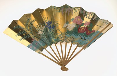 Gold Shimai fan used by Masumi Jackson in Noh theatre performance, 1990s