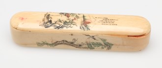 Ivory name seal in its original box made in China for Samuel Louey Gung. Seals are used in China and Taiwan to sign documents, artworks and other paperwork. They are commonly made from stone but are also produced in ivory, metal and plastic.