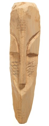 This wooden mask has only been partially completed, commenced by Nickel Mundabi during the filming of his artistic practice by Museum Victoria at his friend's farm just outside Shepparton, 18 February 2014. The piece has been shaped and sanded and some designs marked, in order to demonstrate Nickel's process of carving. 