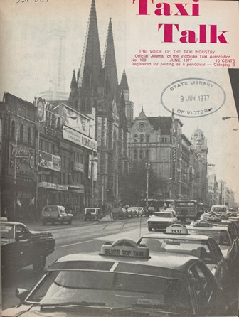 Front cover of Taxi Talk magazine, No. 130 June 1977.
