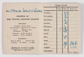 Membership Card - Issued to  Samuel (David) Louey Gung, The Young Chinese League.