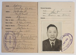 Registration Certificate No. V9738 issued by Commonwealth of Australia to Sydney Louey Gung, Chinese, of North Melbourne, dated 3 May 1948.