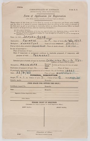 Three forms issued by the Commonwealth of Australia for 'Aliens entering Australia in Overseas Vessel or Aircraft'. The forms have been filled in by Samuel Gung for his wife, Mary, and two children Jeff and Phyllis. 