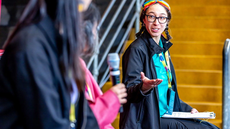 Women talking about STEM careers in the Scienceworks amphitheatre during Science is a Superpower festival at Scienceworks.