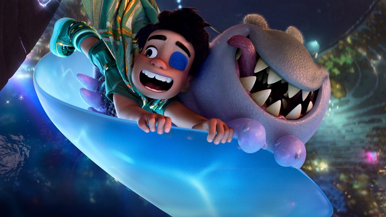 Young boy wearing an eyepatch flies through space with an alien
