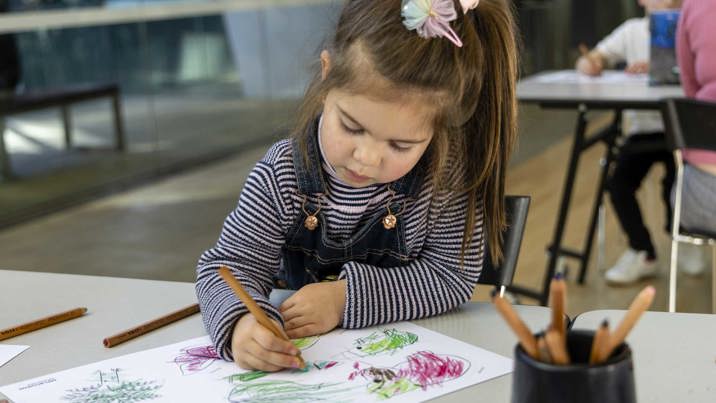 Child decorating their Our Wondrous Country drawing at Melbourne Museum.