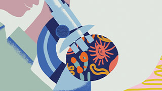 An illustration of a smiling person looking through a microscope at a petri-dish filled with multi-coloured micro-organisms–one with a relaxed cartoonish smiling face.