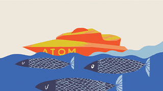 An illustration of the ‘Atom’ power boat racing on top of the Yarra River, with a school of fish floating peacefully by in the water underneath