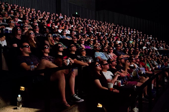 Audience wearing 3D glasses at the opening night for the Star Wars movie 'The Last Jedi' at IMAX.
