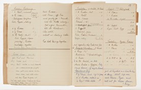 Exercise book with a partial brown paper cover, contains primarily handwritten recipes kept by Karl Muffler at Tatura Internment Camp in 1942. It includes mainly a variety of cakes and lists of ingredients, a few with brief preparation instructions.