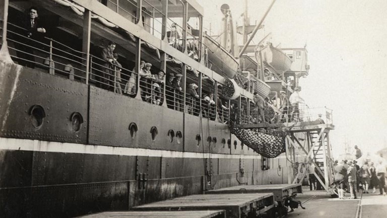 SS Balranald docked upon arrival at Fremantle in 1930. This is the ship on which Karl Muffler migrated to Australia. 