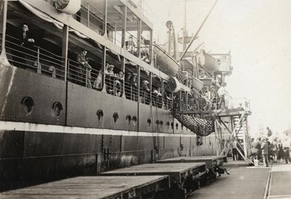 SS Balranald docked upon arrival at Fremantle in 1930. This is the ship on which Karl Muffler migrated to Australia. 