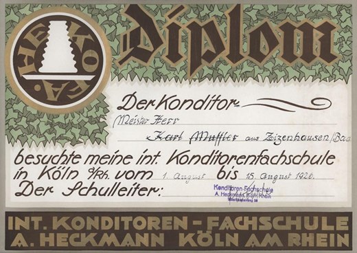Certificate awarded to Karl Muffler in Germany, 1926 for gaining his pastry qualifications. The certificate uses the term 'Der Konditor', a qualified cake confectioner in German.