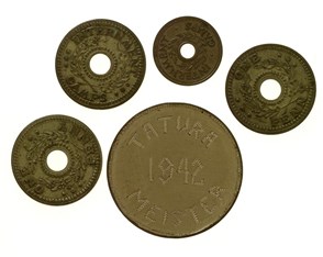 Internment currency coins, 1940s.