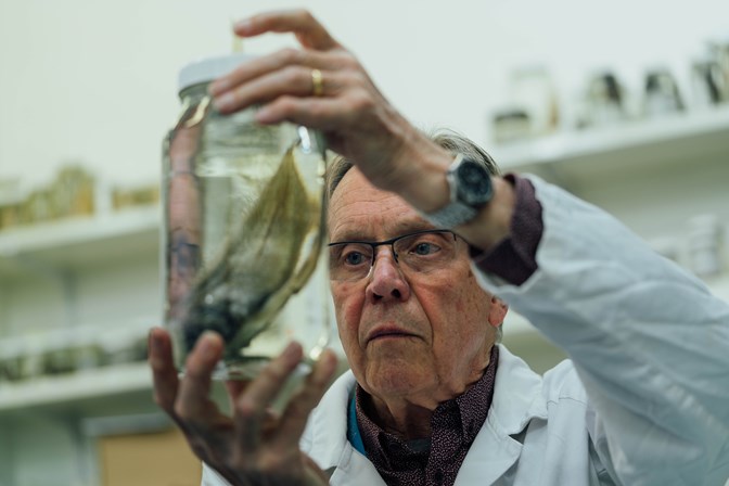 Man holding a glass jar with a fish in it