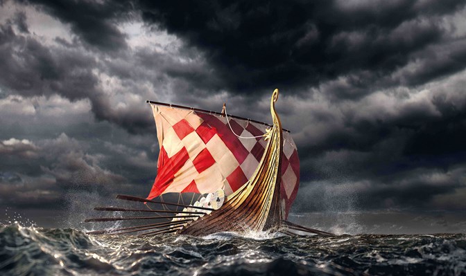 Illustration of a viking ship on storm seas