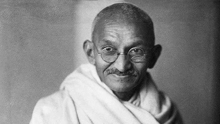 Black and white portrait of Mahatma Gandhi