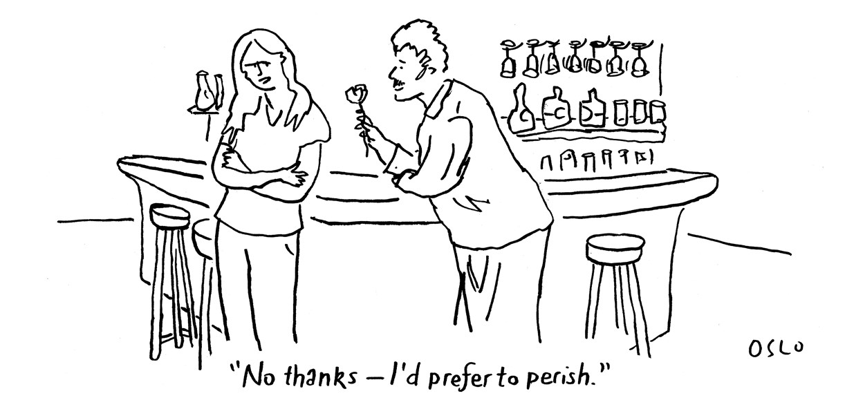 Cartoon, '1940s: after the war: populate or perish', depicting a man coming on to a woman in a bar