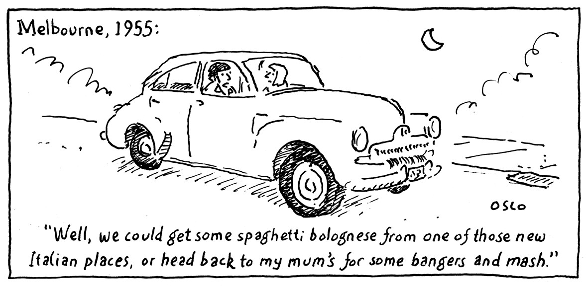 Cartoon, '1950s: a million post-war immigrants', depicting a couple in a car discussing dinner