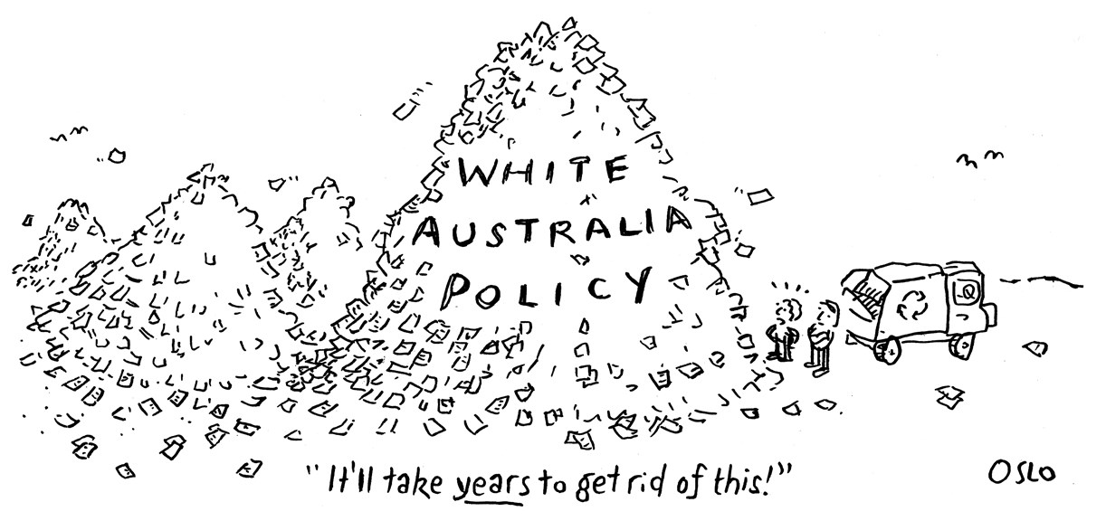 Cartoon, '1960s: the end of White Australia looms', depicting two people contemplating a huge pile of paper labelled 'White Australia Policy'