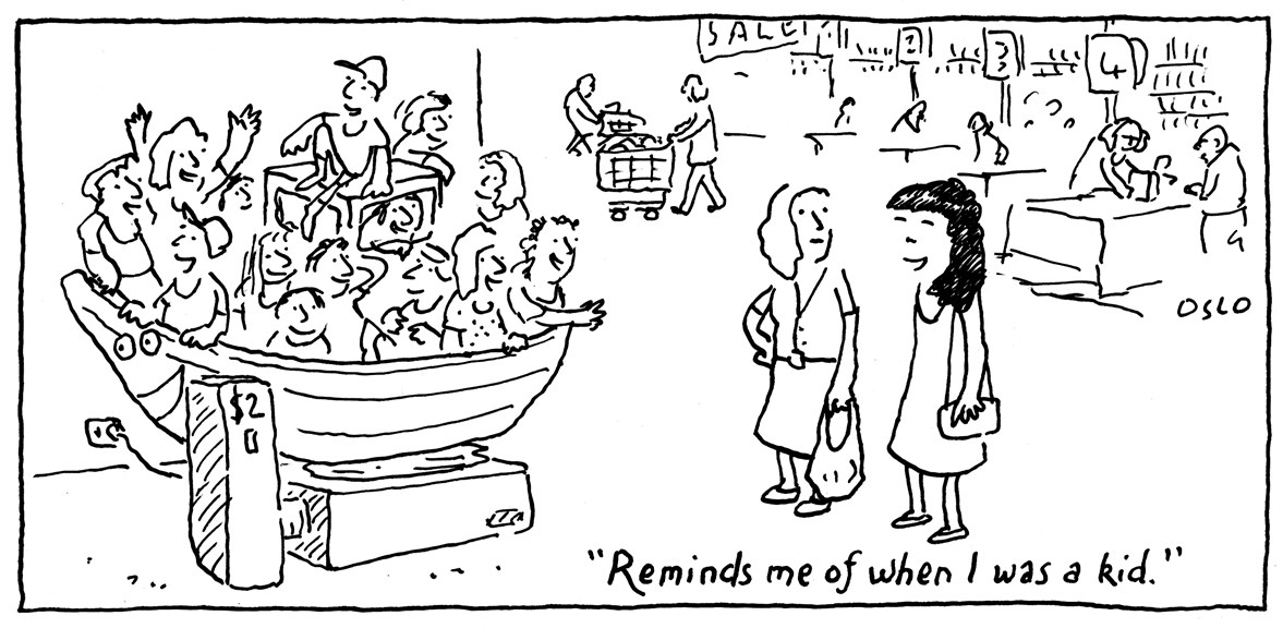 Cartoon, '1970s: refugees from our region', depicting two women looking at a children's ride, in the shape of a boat, overcrowded with children