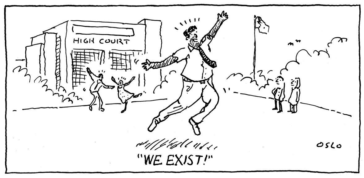 Cartoon, '1990s: one in four born overseas', depicting three people celebrating outside the High Court, and captioned 'We Exist!'