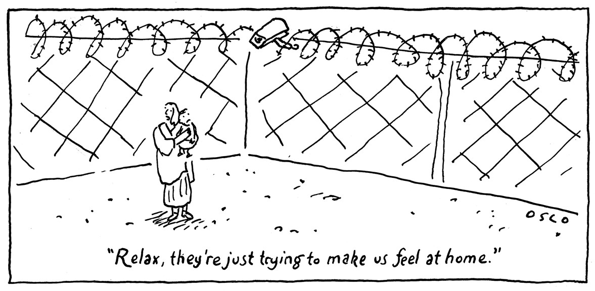 Cartoon, '2000s: seeking asylum and saying sorry', showing a woman holding a child in a detention centre