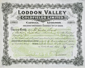 Share scrip certificate for Loddon Valley Goldfields Limited 1901.