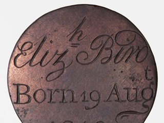 Love Token inscribed Elizabeth Bird, 1810. It has been engraved on the obverse of a 1797 British penny.